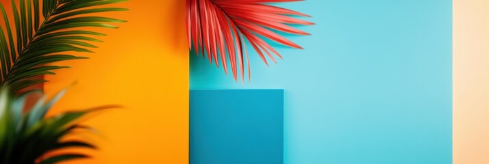 Poster - Tropical Minimalism Vibrant Color Block Design with Palm Fronds - Creative Visual Branding for Digital Marketing and Contemporary Workspace Aesthetics