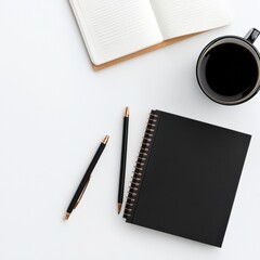 Aufkleber - Minimalist Productivity Essentials Sleek Black Notebooks, Rose Gold Pens and Coffee - Contemporary Workspace Design for Creative Professionals and Digital Entrepreneurs