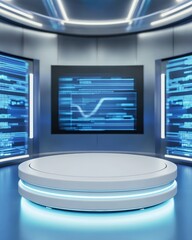 Fototapete - Futuristic Data Visualization Podium High-Performance Tech Stage for AI Analytics, Digital Transformation, and Immersive Business Intelligence Presentations