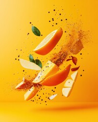 Poster - Dynamic Culinary Art Levitating Mango Slices with Explosive Spice Burst - Vibrant Food for Modern Gastronomy and Creative Branding