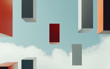 Poster - Floating 3D Rectangular Bars Against Blue Sky With Clouds