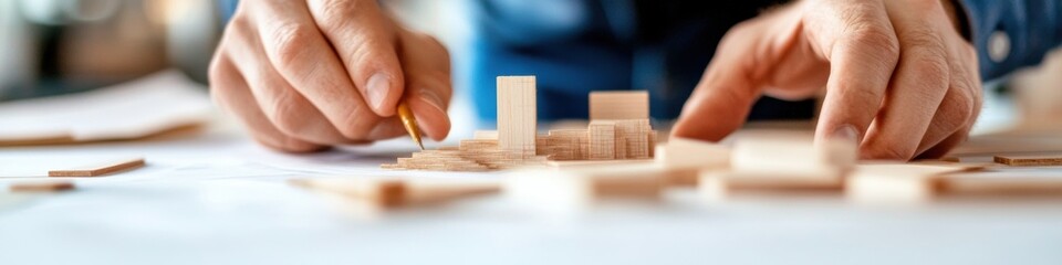 Poster - Minimalist Business Strategy Visualization Professional Hands Arranging Wooden Blocks in Dynamic Urban Planning Workshop - Innovative Collaborative Design Methodology