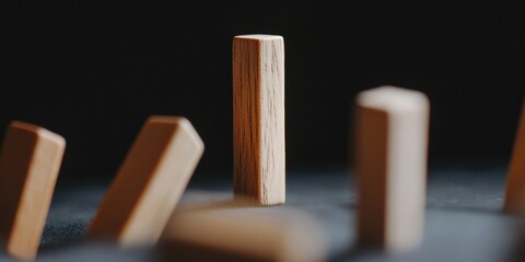 Aufkleber - Minimalist Risk Dynamics Strategic Wooden Domino Visualization Revealing Business Resilience and Systemic Vulnerability in Corporate Decision Architecture