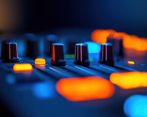 Poster - Immersive Digital Soundscape Next-Gen DJ Mixing Console Redefining Virtual Music Production with Vibrant Cyberpunk Aesthetic for Cutting-Edge Entertainment Experiences