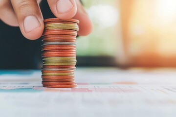 Aufkleber - Minimalist Financial Strategy Precision-Stacked Copper and Gold Coins Revealing Wealth Management Insights for Digital-First Investment Professionals