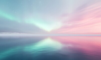 Fototapete - Serene landscape featuring pastel colors reflecting on calm water at twilight.