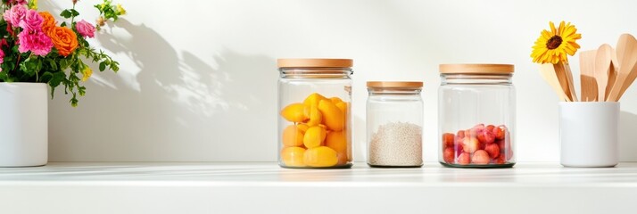 Poster - Minimalist Kitchen Spring Refresh Eco-Friendly Glass Storage Solutions with Pastel Aesthetic - Modern Wellness and Sustainable Home Organization Concept