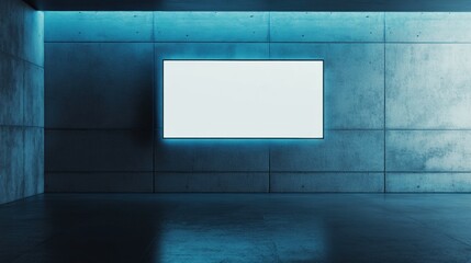 Leinwandbilder - Futuristic Digital Signage Mockup Minimalist Concrete Tech Space with Ambient Blue LED Lighting - Innovative Urban Display Solution for Modern Workspace Design