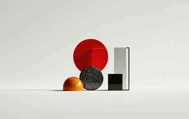 Poster - 3D Abstract Composition With Orange Sphere Red Circle And Marble Slab On White