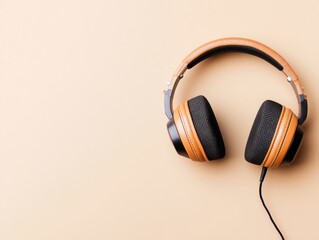 Leinwandbilder - Minimalist Audio Elegance Professional Over-Ear Headphones in Warm Tan and Gray, Embodying Modern Digital Creative Workspace Aesthetic