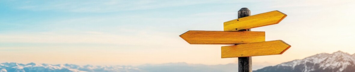 Aufkleber - Minimalist Decision Navigation Eco-Conscious Wooden Signpost Symbolizing Strategic Choice, Innovation, and Sustainable Wayfinding Against Serene Mountain Horizon