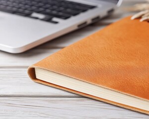 Poster - Minimalist Remote Work Essentials Burnt Orange Leather Journal and Sleek Laptop on Scandinavian Workspace - Productivity Meets Aesthetic Design for Digital Professionals