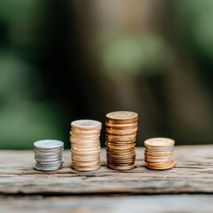 Poster - Minimalist Financial Growth Visualization Ascending Gold Coin Stacks on Rustic Wood - Sustainable Investment Strategy and Wealth Building Insights for Modern Entrepreneurs