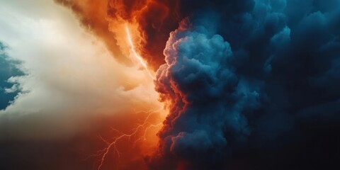Leinwandbilder - Ethereal Climate Crisis Visualization Dramatic Thunderstorm Clouds in Fiery Orange and Deep Blue - Powerful Environmental Storytelling for Climate Change Awareness