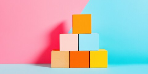Poster - Minimalist Organizational Hierarchy Pyramid Vibrant Geometric Blocks Visualizing Modern Business Strategy, Collaboration, and Innovative Team Structure