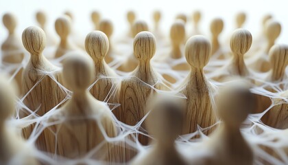 Aufkleber - Wooden figures linked in a network, human resources and management strategy concept, clean white background, professional business visual, highdefinition render, generative AI