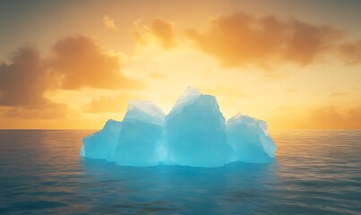 Poster - A serene iceberg glows under a golden sunrise, reflecting calm waters and soft clouds.