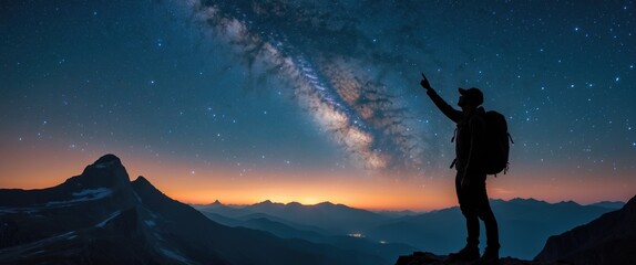 Wall Mural - silhouette of a young traveler and backpacker raising his hand and pointing at the stars in the nigh
