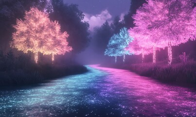Poster - A mystical river surrounded by glowing pink and blue trees in a serene, foggy landscape.