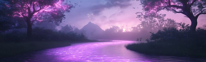 Fototapete - Serene landscape with a vibrant purple river, surrounded by lush trees under a mystical sky.