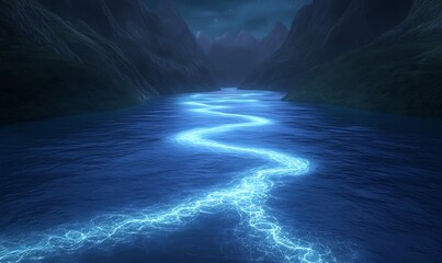 Fototapete - A serene river glowing under a night sky, surrounded by dark mountains.