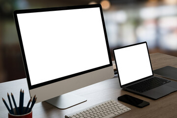 Poster - Laptop with blank screen on table. Workspace background new project on laptop computer with blank copy space screen for your advertising text message