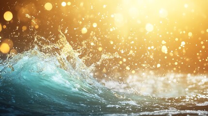 Poster - Glittering waves splash under a warm golden light, creating a serene water scene.