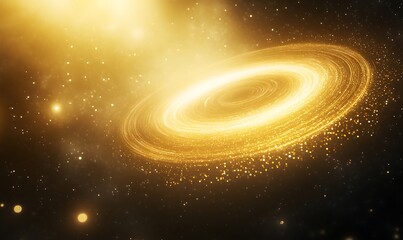 Poster - Golden galaxy swirling in cosmic space, illuminated by bright stars and radiant light.