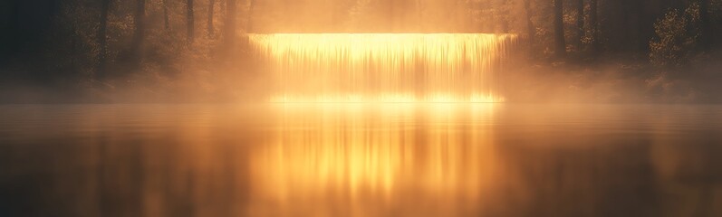 Poster - Golden waterfall reflecting light in a misty, serene landscape.