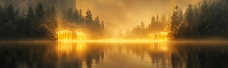 Fototapete - Serene lake at sunrise, surrounded by misty trees and glowing reflections.