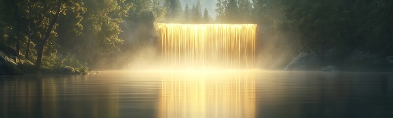 Poster - Serene waterfall illuminated by sunlight, surrounded by lush greenery and mist.