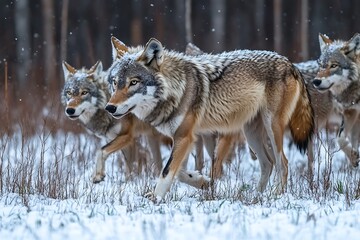  Gray Wolves in Snowy Forest Winter Wildlife Pack