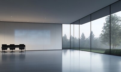 Poster - Modern office space with large windows, minimalist design, and a serene outdoor view.
