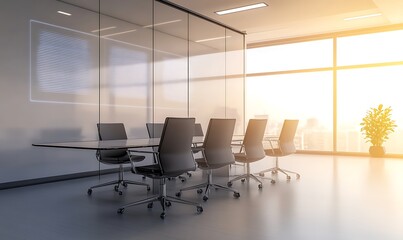 Aufkleber - Modern conference room bathed in sunlight with sleek furniture and large windows.