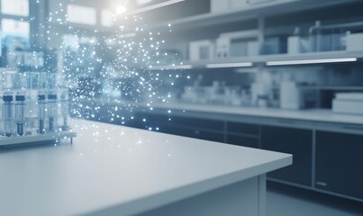 Poster - Modern laboratory scene with sparkles and glassware on a countertop.