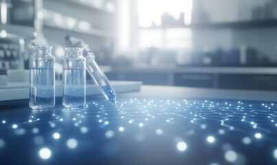 Poster - Laboratory scene with glass vials and a pipette, illuminated by a soft glow.