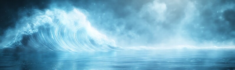 Poster - Majestic ocean wave crashing under a misty blue atmosphere.