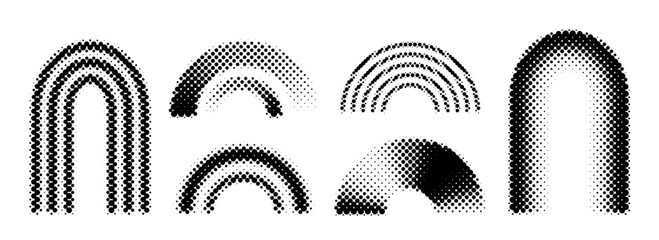 Aufkleber - Black halftone arch collection. Pixel 8 bit gradient arc set. Dotted pop art curve element bundle for collage, graphic design template, banner, poster, flyer. Vector comic halftone bitmap warp pack