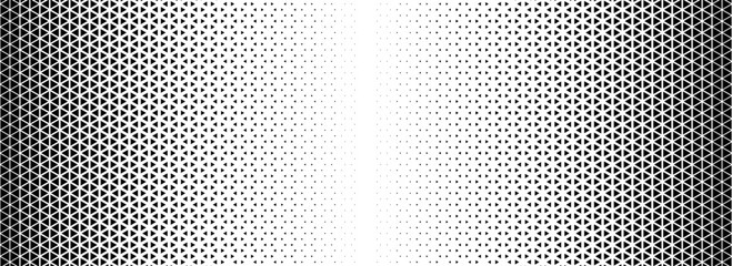 Poster - Triangle halftone gradient texture. Geometric triangular tech pattern background. Black abstract vanishing gradation wallpaper. Fading mosaic pop art backdrop for poster, banner, booklet. Vector