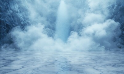 Fototapete - Majestic waterfall surrounded by mist in a serene, icy landscape.