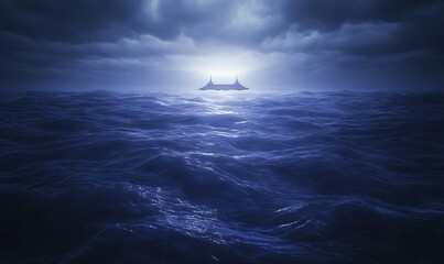 Aufkleber - A dramatic seascape with dark clouds and a distant ship illuminated by a mysterious light.