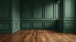 © BRNSN - Empty room with classic luxury green empty interior with green wall molding panels and wooden floor