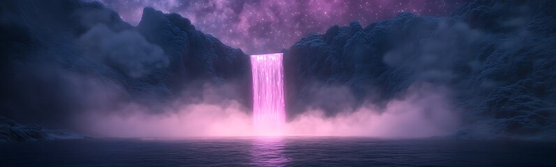 Poster - A surreal waterfall illuminated in pink, cascading into a misty, enchanting landscape.