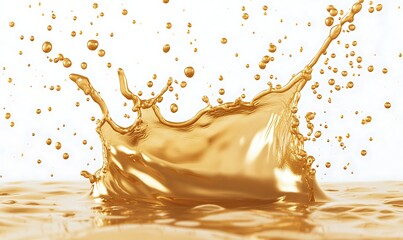Poster - Gold liquid splash with droplets against a white background.