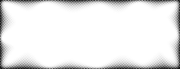 Poster - Halftone rectangle grain frame. Black comic dotted wavy border. Pop art fading gradient framing backdrop. Stippled grunge abstract background. Vector dot textured subtle graphic design wallpaper