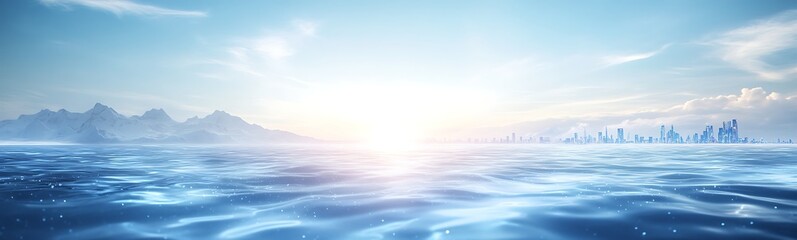 Aufkleber - Serene seascape at sunrise with gentle waves and distant city skyline illuminated by soft morning light.