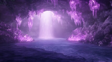 Fototapete - A mystical cave illuminated by purple light cascading from a waterfall into tranquil waters.