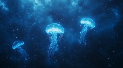 Fototapete - Three glowing jellyfish swim gracefully in a deep blue ocean, creating a mesmerizing underwater scene.