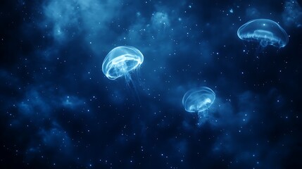 Poster - Bioluminescent jellyfish float gracefully in a dark blue ocean setting.