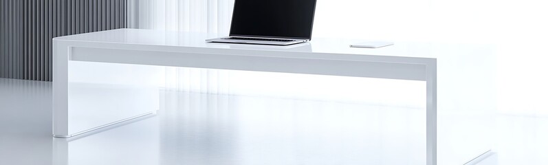Fototapete - Modern office desk with a laptop in a bright, minimalist workspace.
